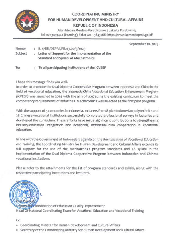 Teaching standards for the Mechatronics associate degree and Mechanical and Electronic Engineering bachelors degree majors certified by the Coordinating Ministry for Human Development and Cultural Affairs of Indonesia