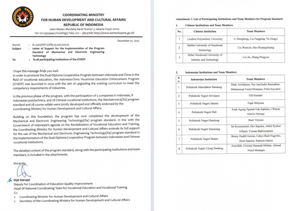 Teaching standards for the Mechatronics associate degree and Mechanical and Electronic Engineering bachelors degree majors certified by the Coordinating Ministry for Human Development and Cultural Affairs of Indonesia